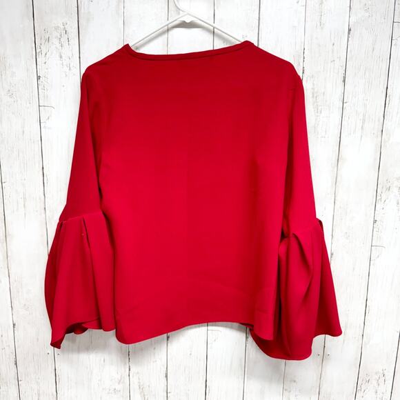 Zara Shirt Women Size Medium Red Boat Neck Bell Long Sleeve Peplum Blouse Preppy - Picture 5 of 5